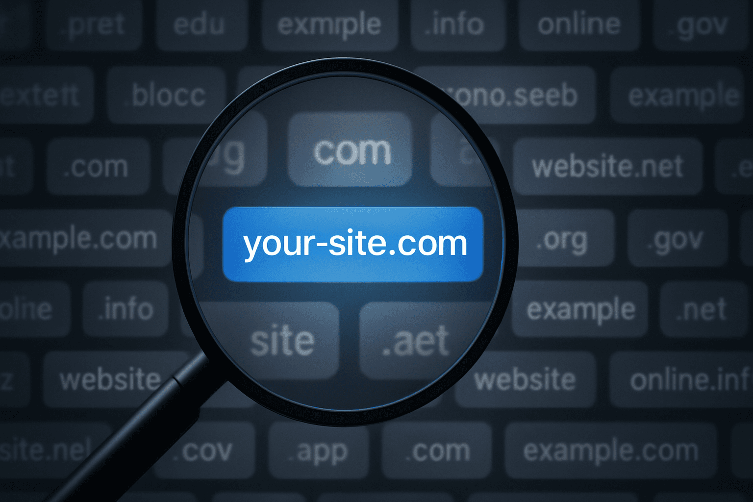 Magnifying glass highlighting a first-party domain among many blurred web sources, symbolizing the rise of authoritative content in generative search.