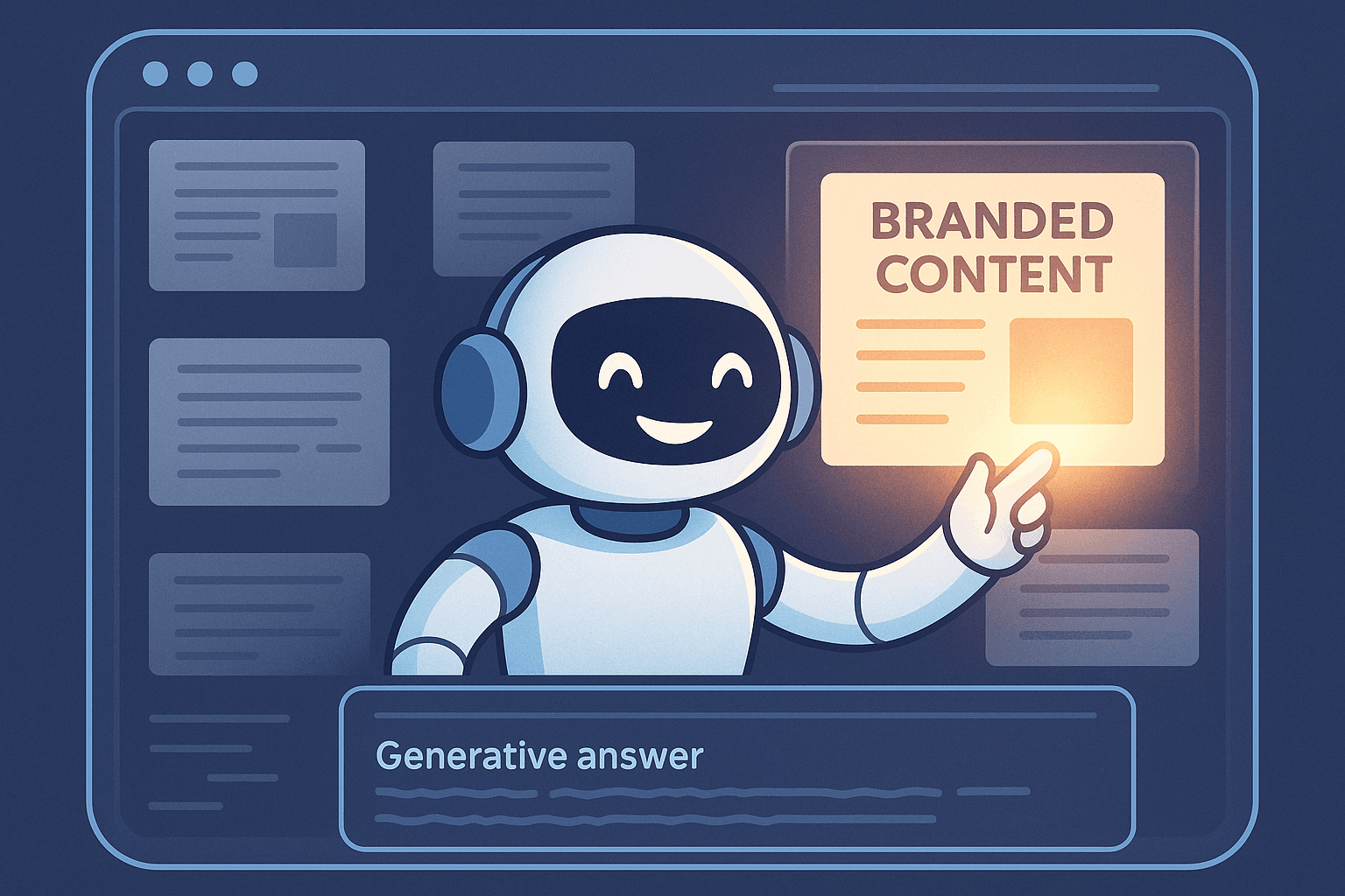 A friendly, futuristic AI or robot scanning multiple documents/websites, highlighting one branded content source with a glow. Other sources fade into the background.