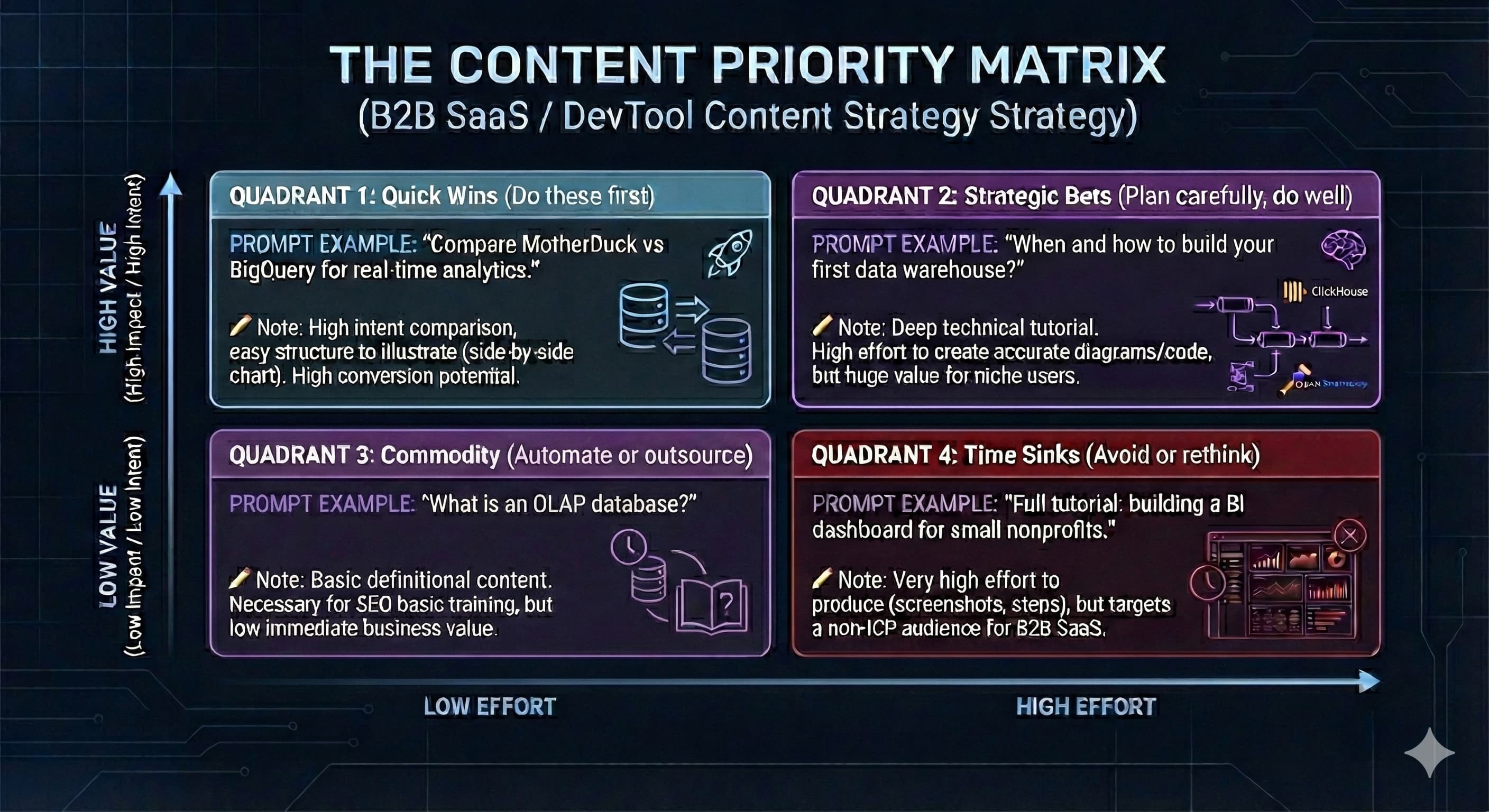 Content priority matrix diagram for B2B SaaS and devtool AEO showing four quadrants that rank prompts by business value and content effort: Quick Wins, Strategic Bets, Commodity content, and Time Sinks, with example prompts such as 'Compare MotherDuck vs BigQuery for real-time analytics.'