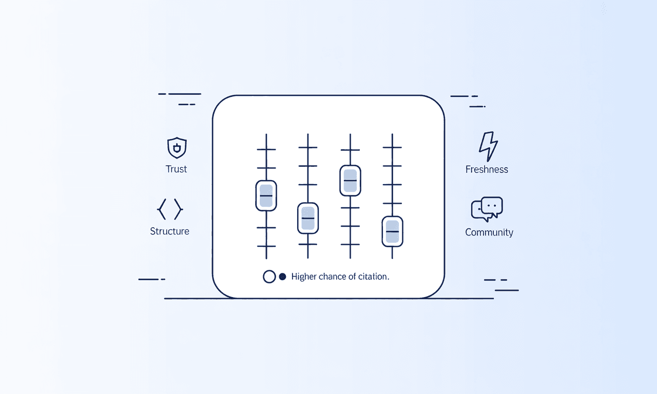 A mixing board with sliders for Trust, Structure, Freshness, and Community showing how AI ranking factors combine to drive citations.