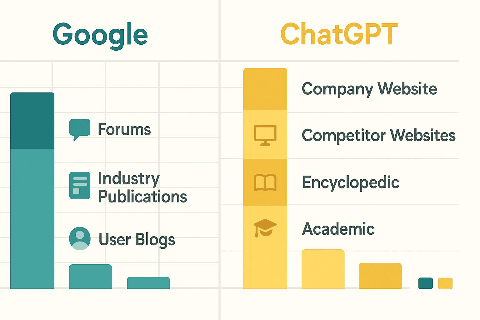 Side-by-side chart labeled “Google” and “ChatGPT” showing source emphasis—Google: forums, industry publications, user blogs; ChatGPT: company site, competitors, encyclopedic, academic.