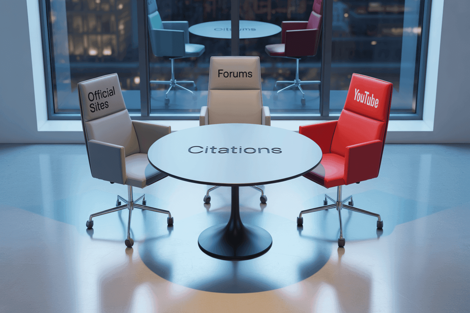 Hero illustration: a round “Citations” table seen from above at a slight angle with three labeled chairs. A bold red “YouTube” chair is sliding into place, a blue “Official Sites” chair sits confidently on the left, and a grayed “Forums” chair recedes in the back.