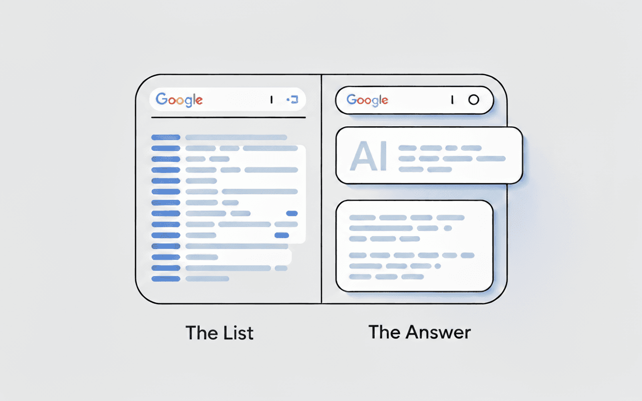 A side-by-side diagram illustrating the List Model (a traditional Google SERP with 10 blue links) versus the Answer Model (a Google AI Overview box with a synthesized paragraph and multiple small citation links)