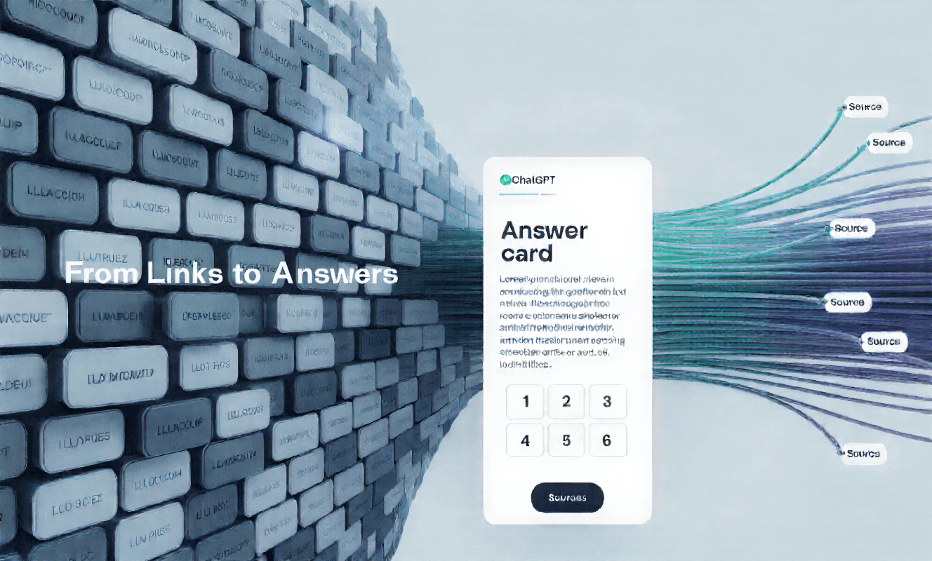 A doorway shaped like a search bar divides a wall of old-style blue search links from a single, glowing answer card with citation chips, symbolizing the shift from SEO's link lists to AEO's synthesized answers.